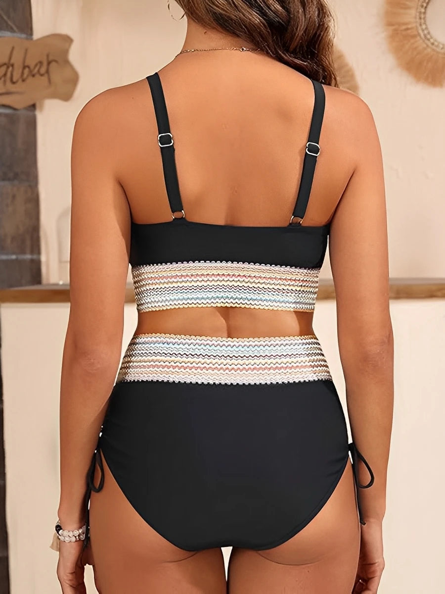 V-Neck High Waist Bikini Set for Women Drawstring Swimsuit