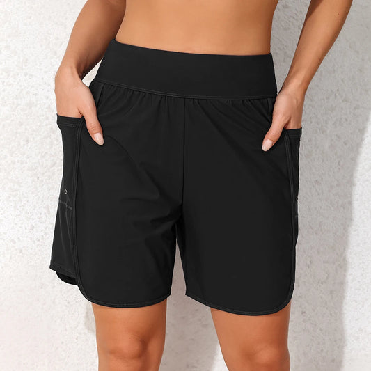 High Waist Women’s Swim Trunks with Pockets and Built-In Briefs