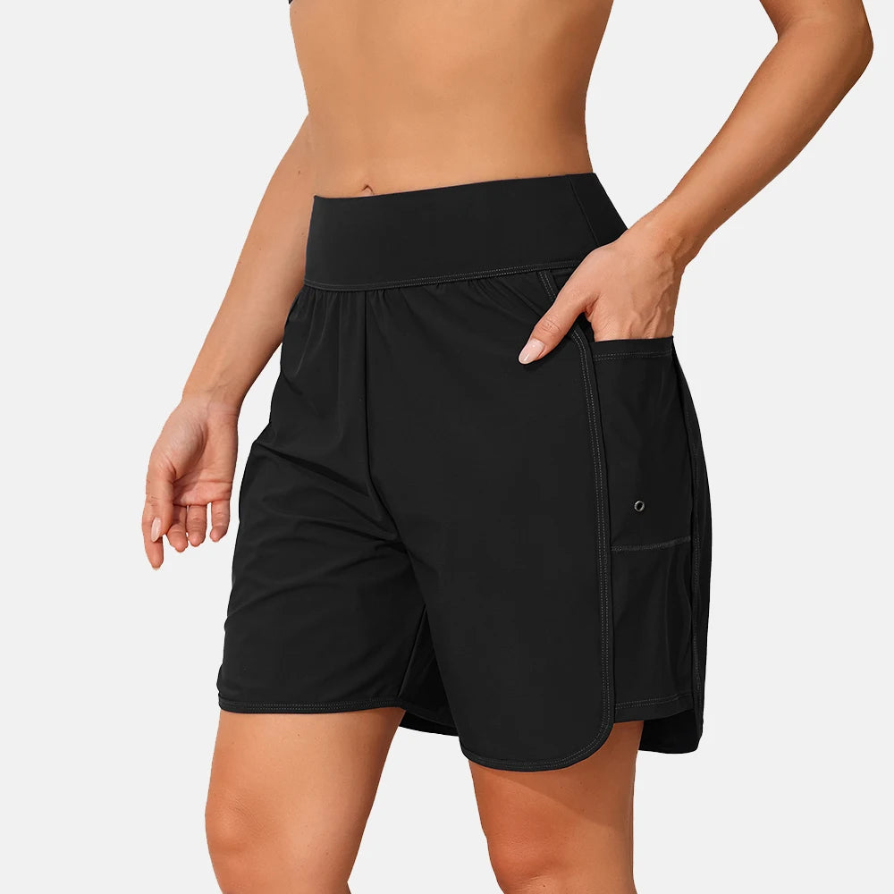 High Waist Women’s Swim Trunks with Pockets and Built-In Briefs