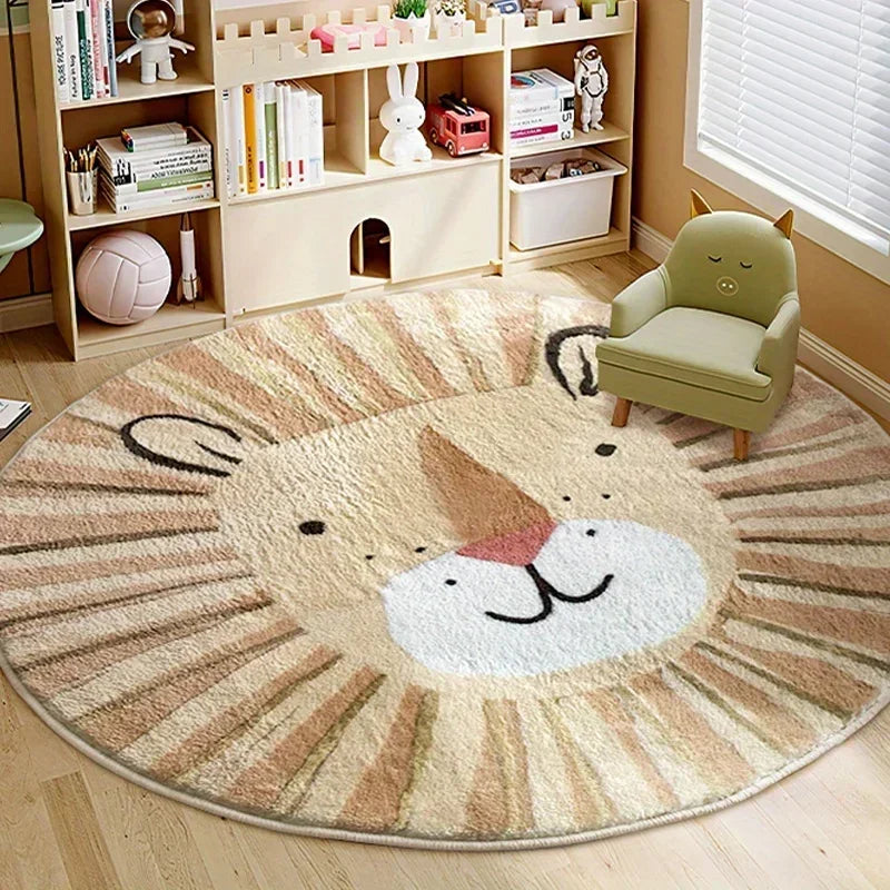 Round Cartoon Lion Rug for Kids Room – Soft Fluffy Plush Carpet