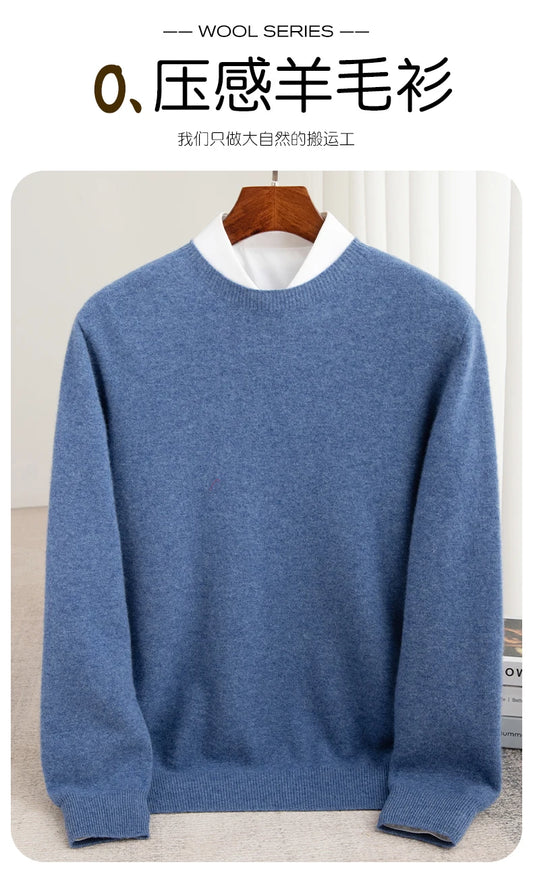 Pure Wool Men's Slim-Fit Round Neck O-Neck Cashmere Sweater