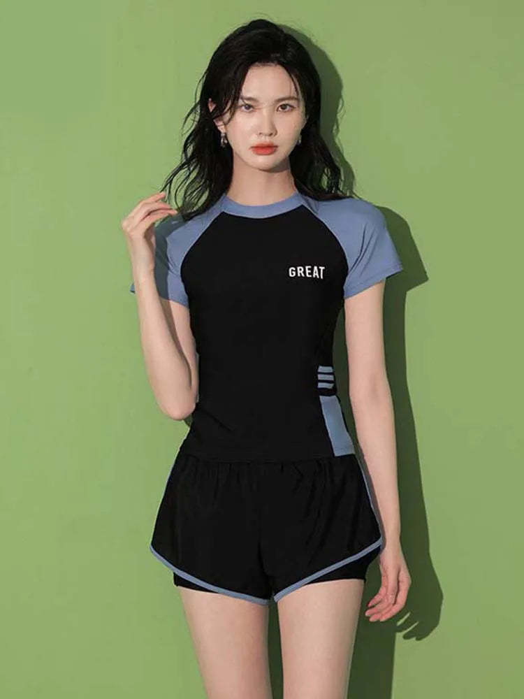 Women’s Two Piece Short Sleeve Swimsuit with Shorts for Beach and Pool