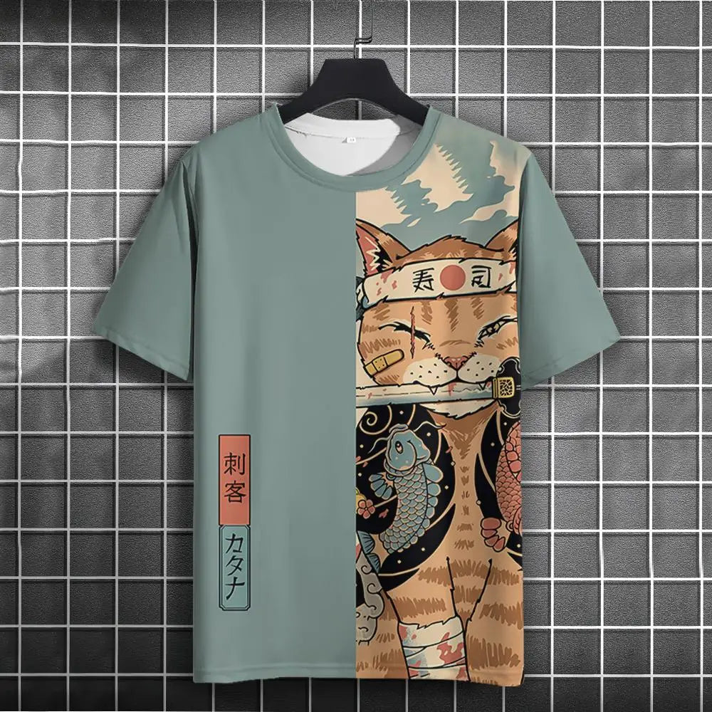 Unisex Japanese Samurai Cat 3D Printed T-shirt