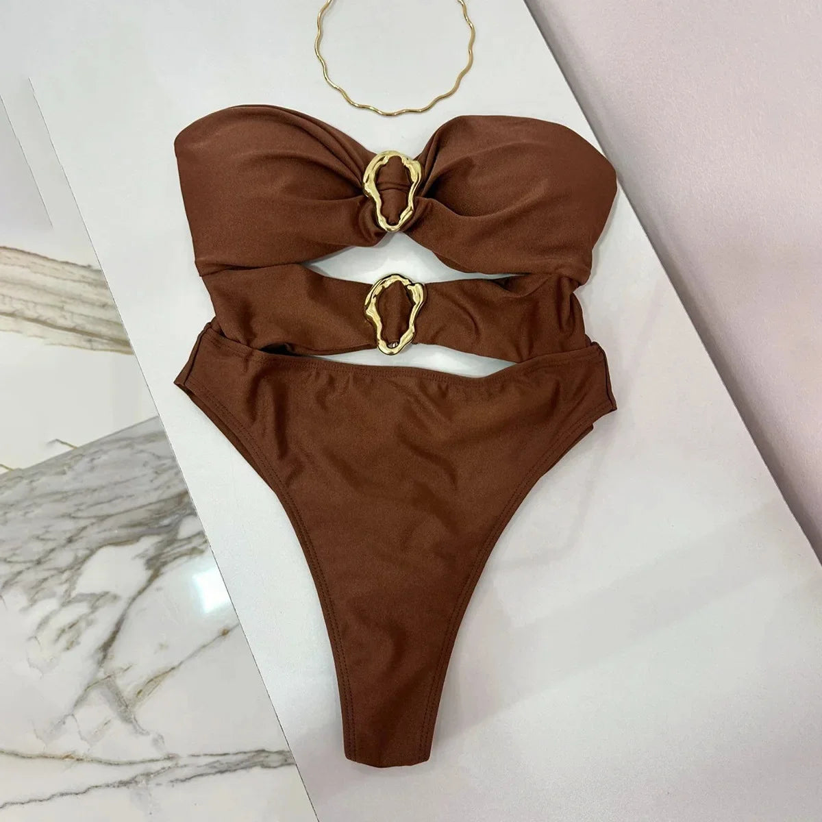 Sexy One Piece Swimsuit for Women with Metal Rings Cut Out Design