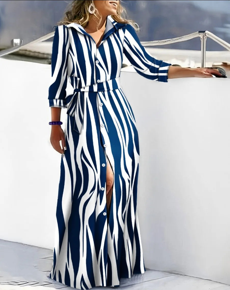 Lace-Up Turn Down Collar Maxi Dress