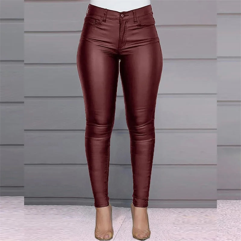 Solid Color PU Leather Pants for Women