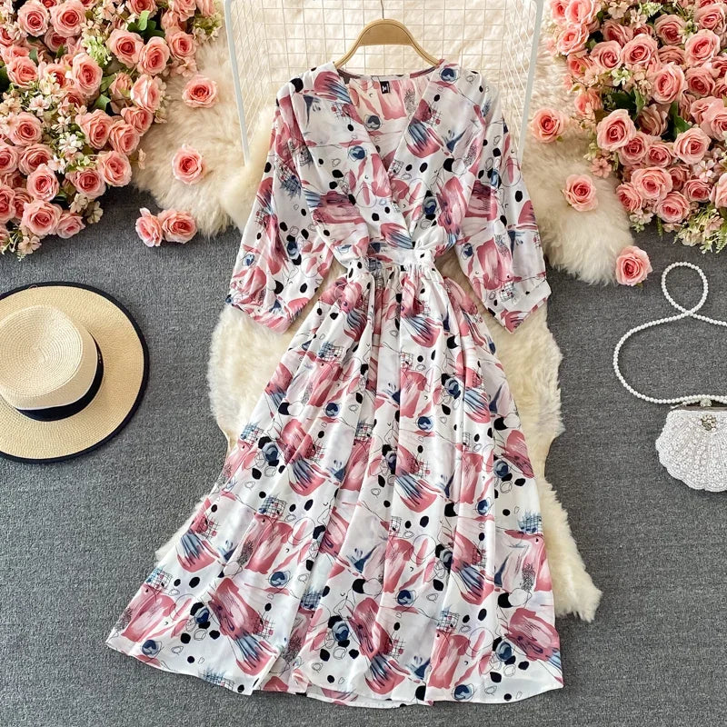Women's Floral Chiffon Midi Dress – V-Neck Summer Elegance