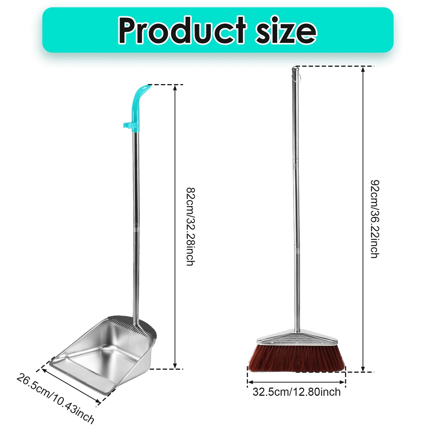 Long Handle Broom and Dustpan Set with Stainless Steel Pole for Home Cleaning