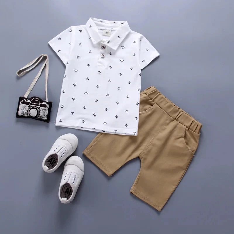 2PCS Baby Summer Set – Boys' Boat & Anchor Print Short Sleeve & Shorts
