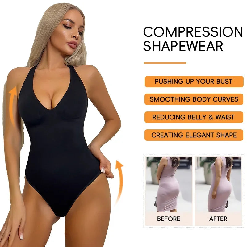 Deep V Halter Bodysuit – Tummy Control & Adjustable Straps