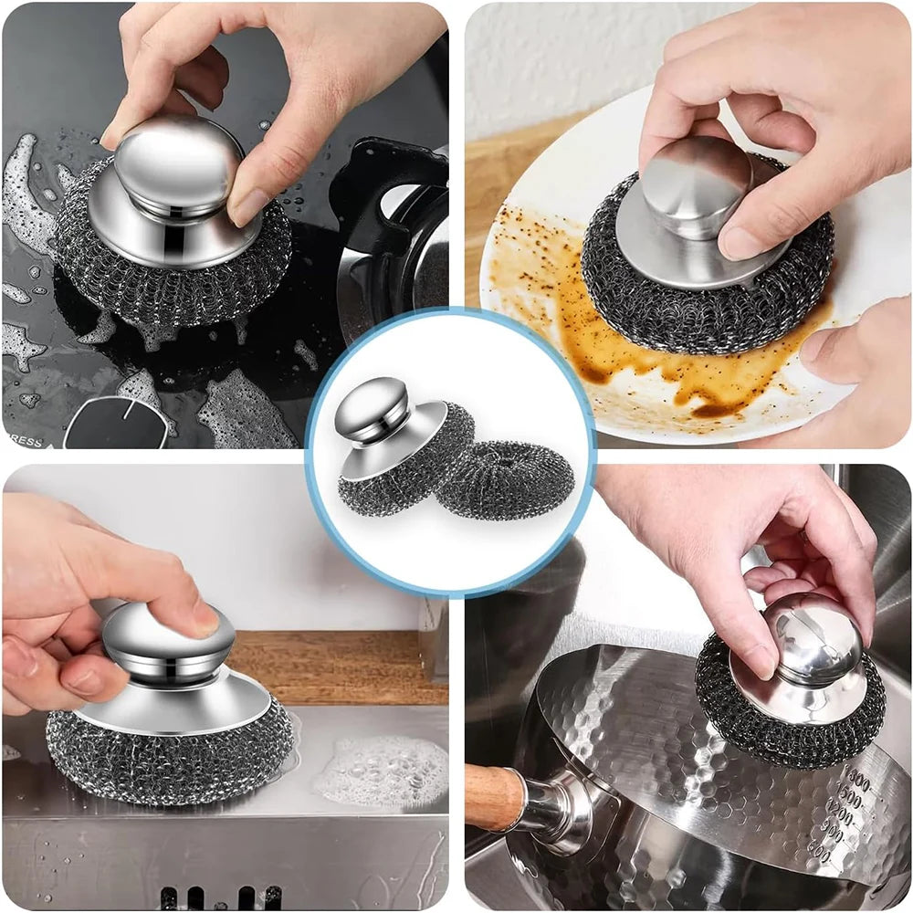 Stainless Steel Dish Scrubber with Handle for Kitchen Rust Removal