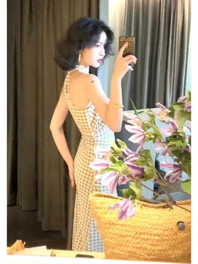 Korean Elegant Plaid Sleeveless V-Neck Summer Dress for Women