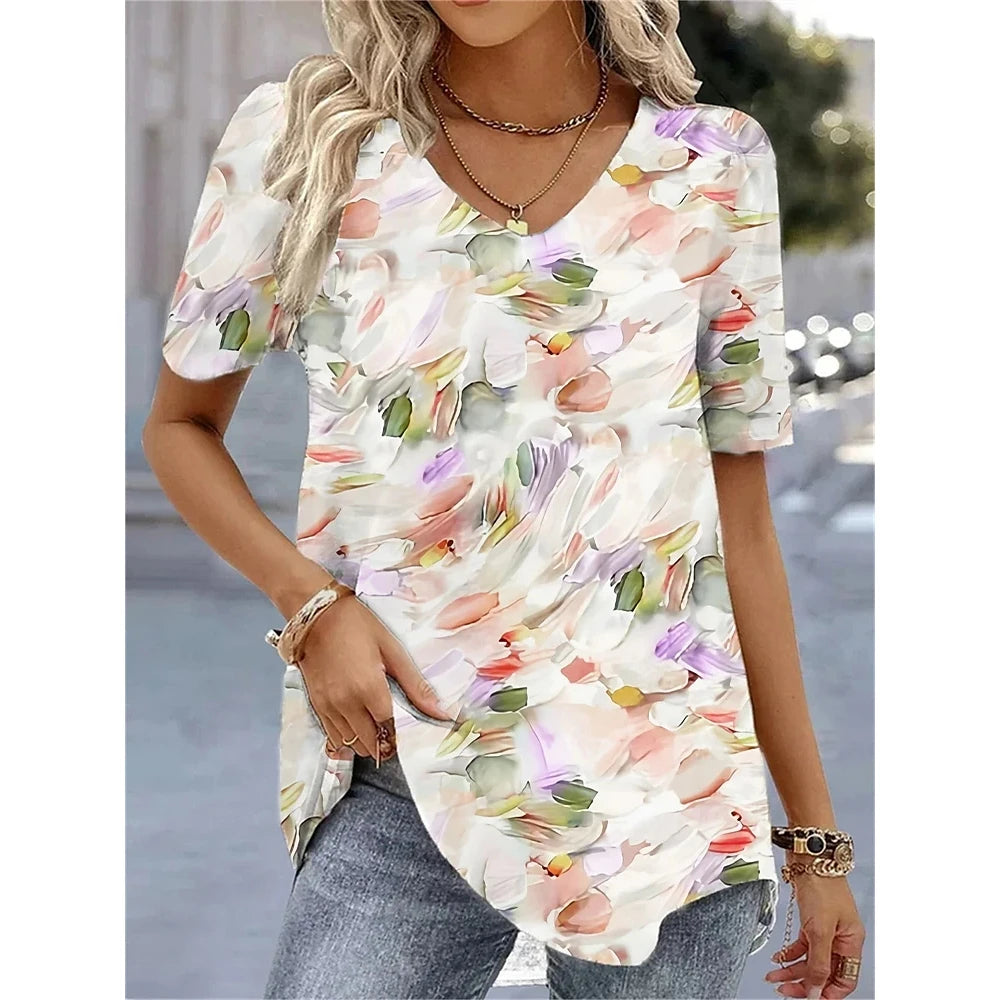 Women’s 3D Flower Print V-Neck Oversized Summer Tee
