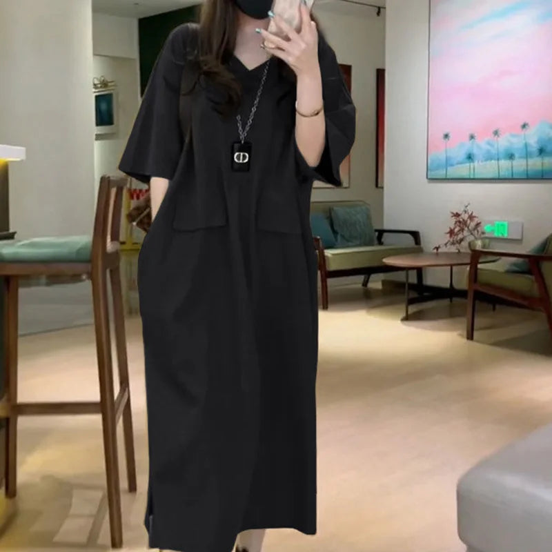 Women's Oversized V-Neck Korean Summer Dress with Pockets
