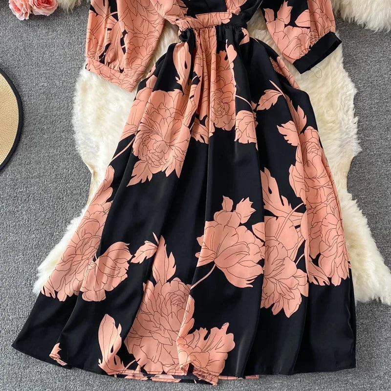 Women's Floral Chiffon Midi Dress – V-Neck Summer Elegance