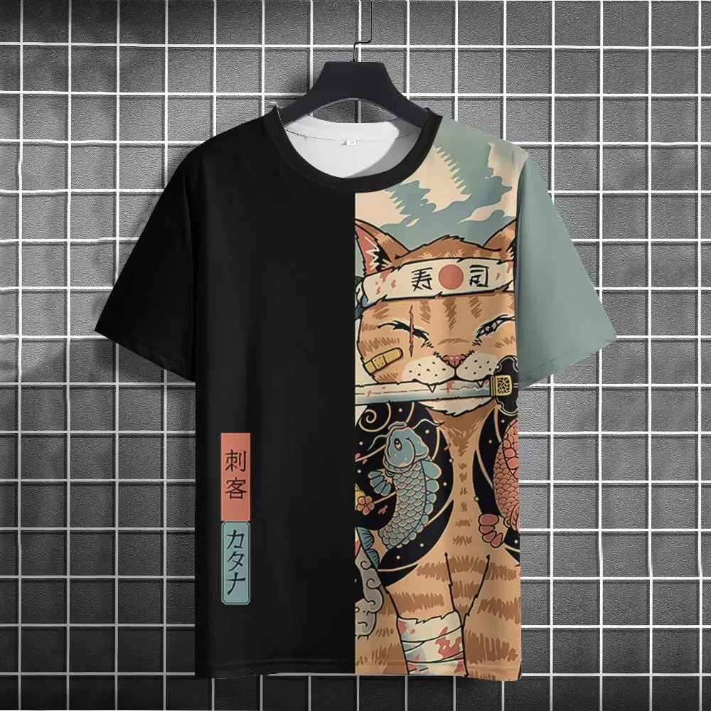 Unisex Japanese Samurai Cat 3D Printed T-shirt