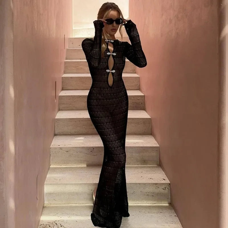 Talenza Hollow Sheer Maxi Dress – Sexy Backless Lace-Up Slit Gown