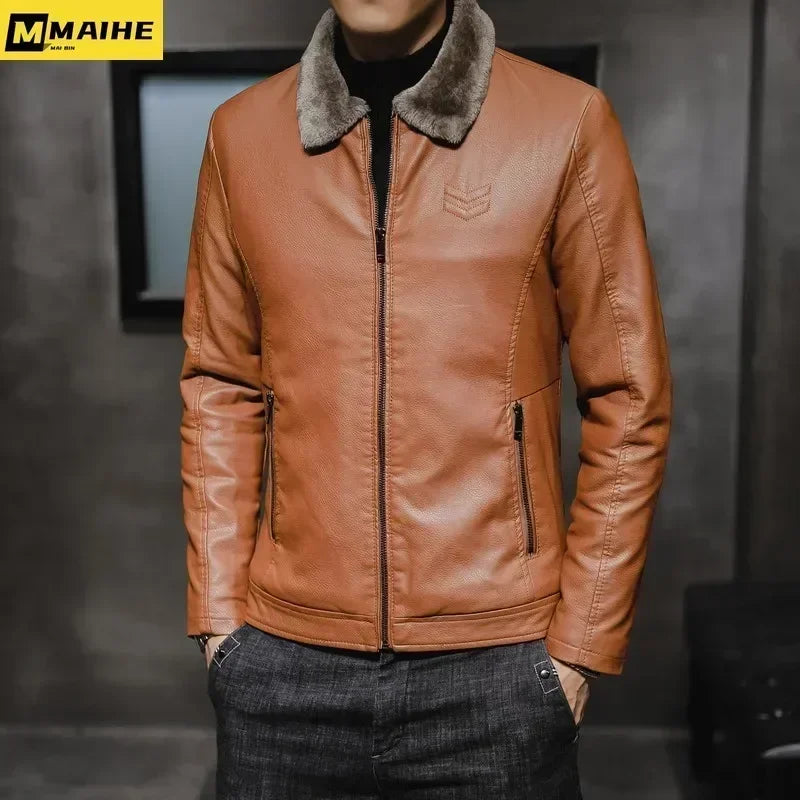 Winter Motorcycle Leather Jacket with Fur Collar