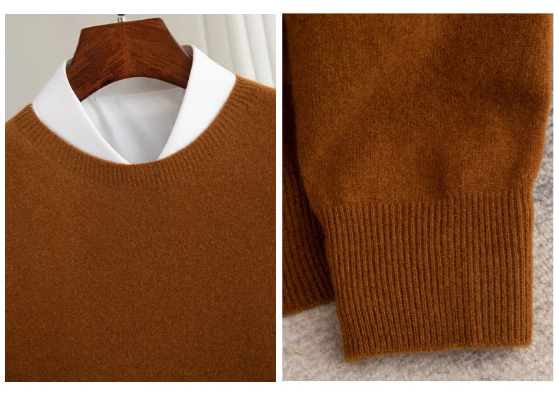 Pure Wool Men's Slim-Fit Round Neck O-Neck Cashmere Sweater