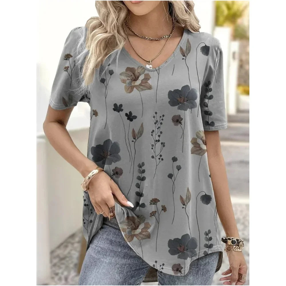 Women’s 3D Flower Print V-Neck Oversized Summer Tee