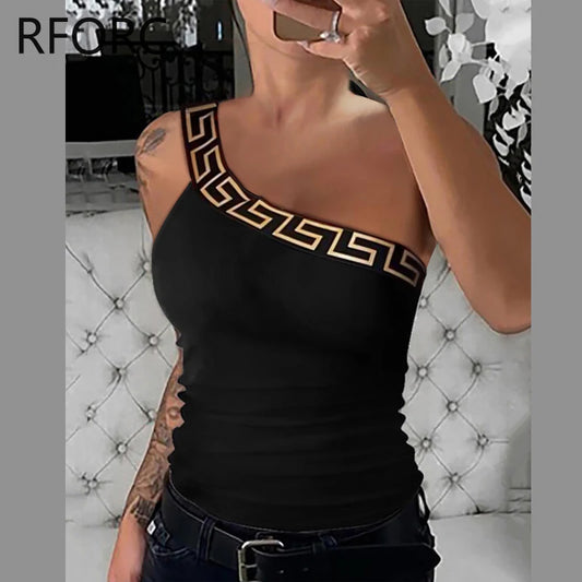 Women One Shoulder Geometric Pattern Sleeveless Sexy Crop Top