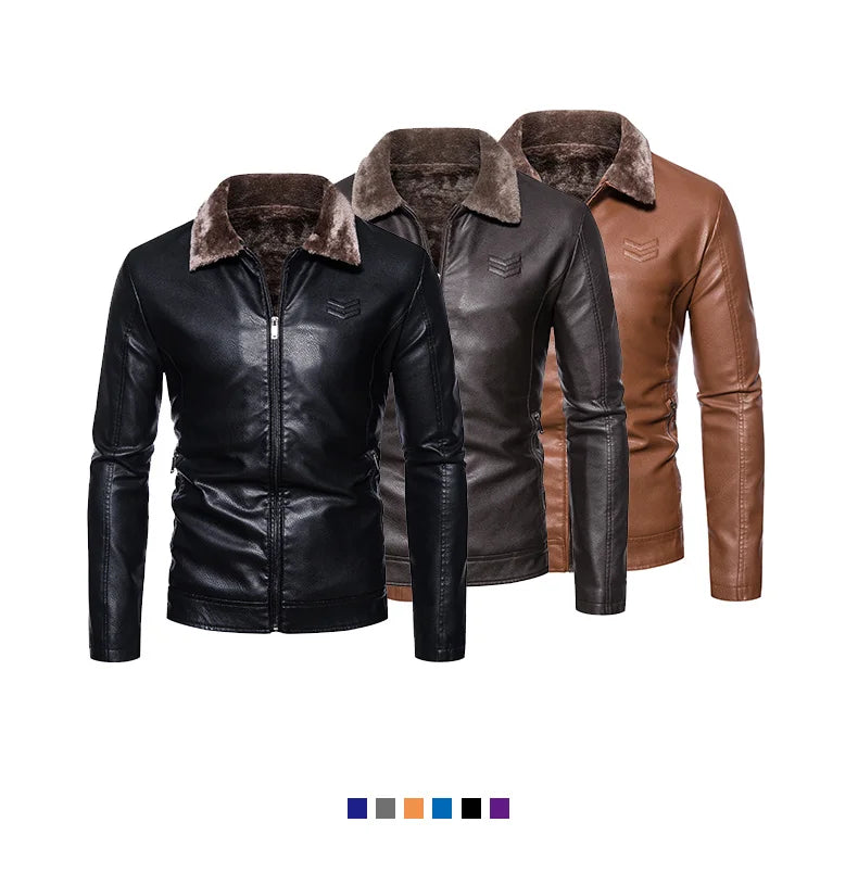 Winter Motorcycle Leather Jacket with Fur Collar
