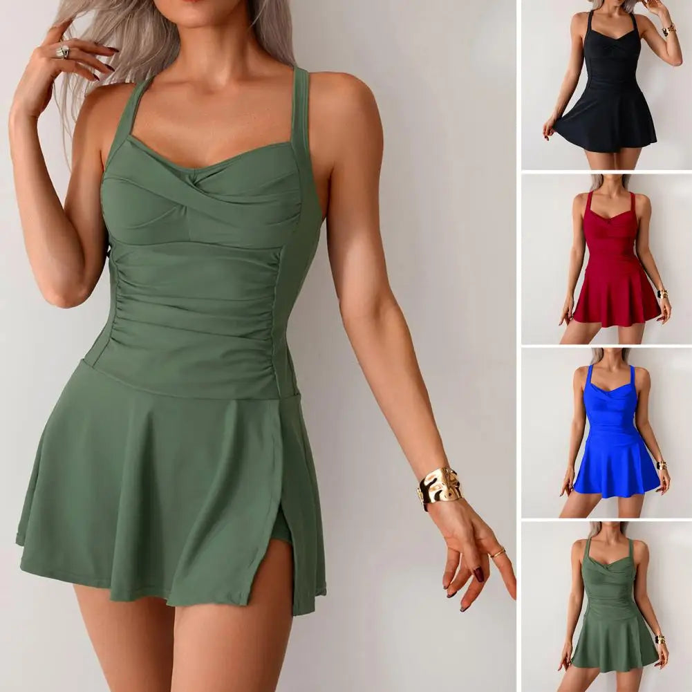 Tummy Control One-Piece Swim Dress for Women with Stylish Back Design