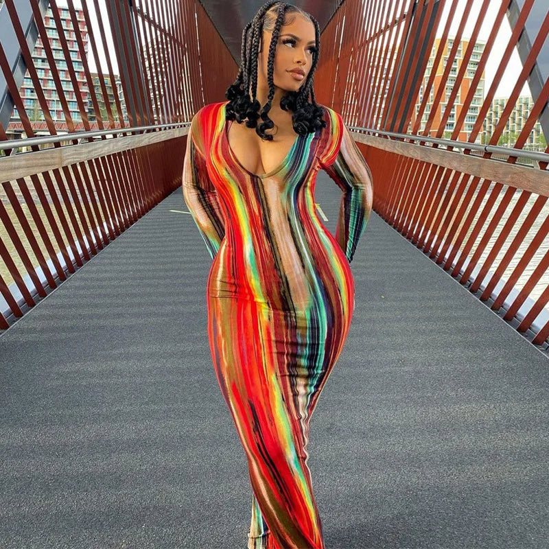 Sexy Slim Fit Printed Bandage Long Dress
