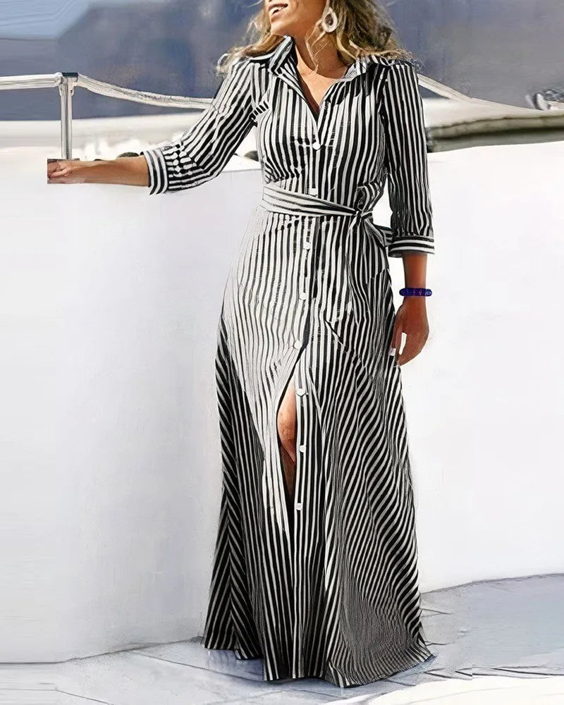 Lace-Up Turn Down Collar Maxi Dress