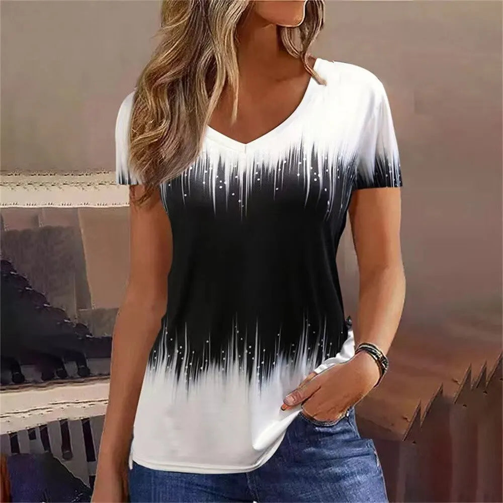 Women's Striped Gradient V-Neck Oversized T-Shirt