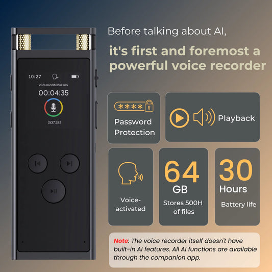 AI Voice Recorder – 64GB Dictaphone with Transcription & Translation