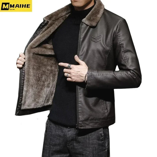 Winter Motorcycle Leather Jacket with Fur Collar