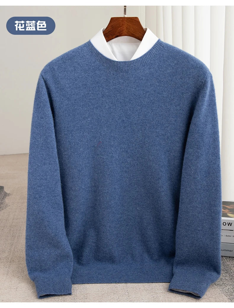 Pure Wool Men's Slim-Fit Round Neck O-Neck Cashmere Sweater