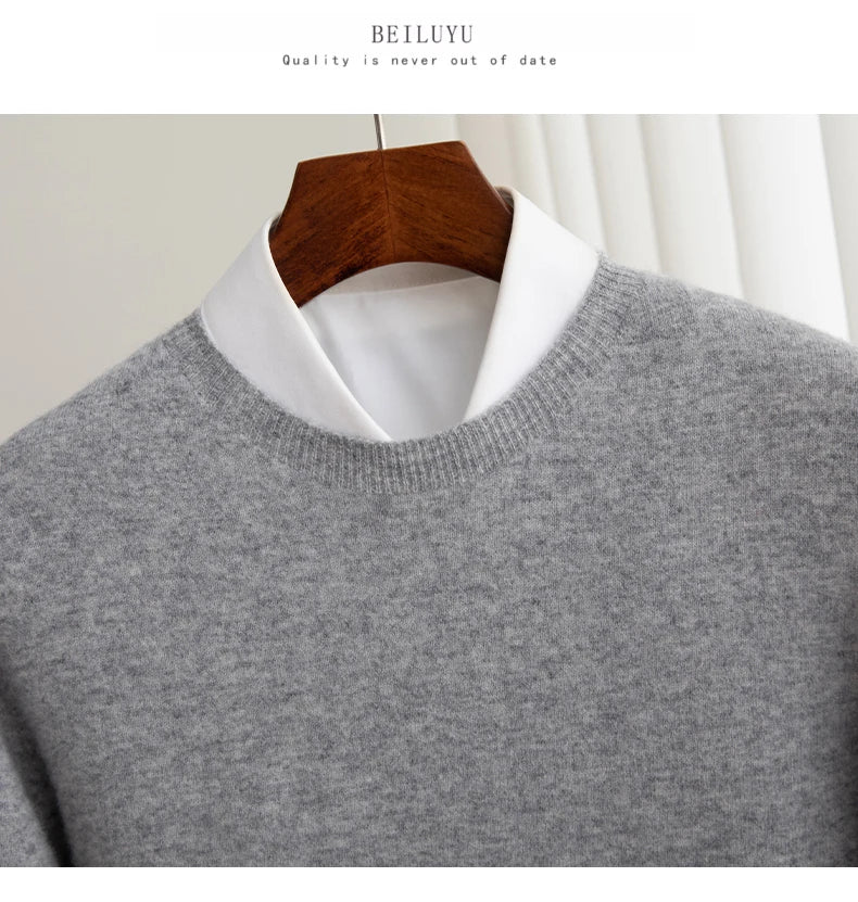 Pure Wool Men's Slim-Fit Round Neck O-Neck Cashmere Sweater