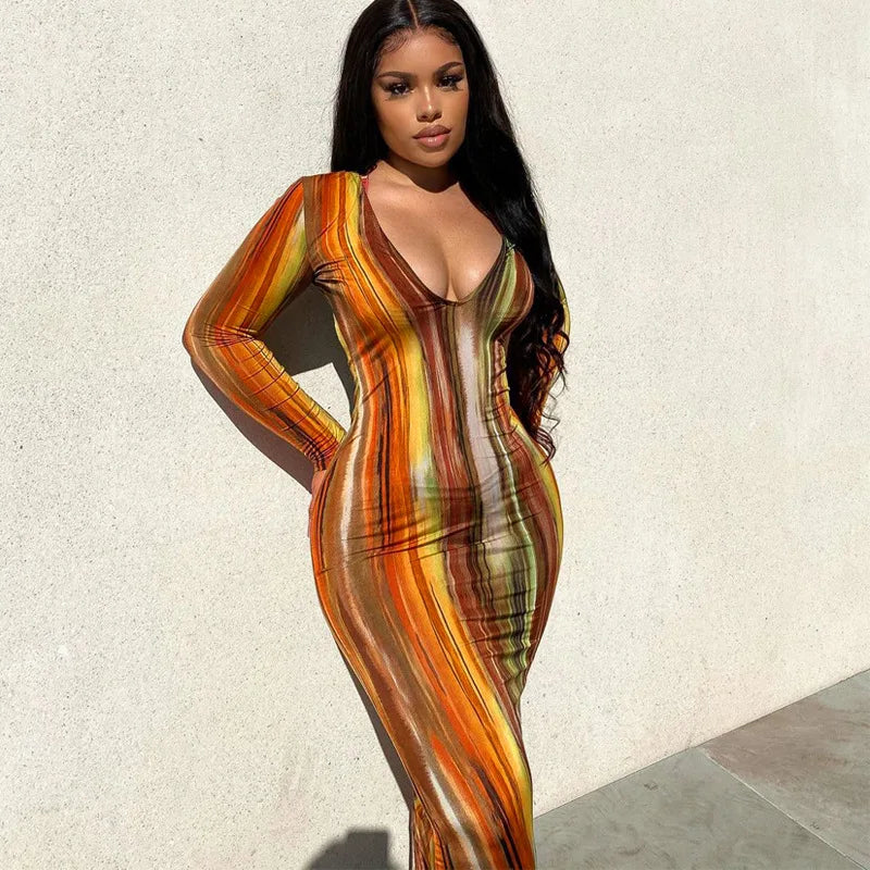 Sexy Slim Fit Printed Bandage Long Dress