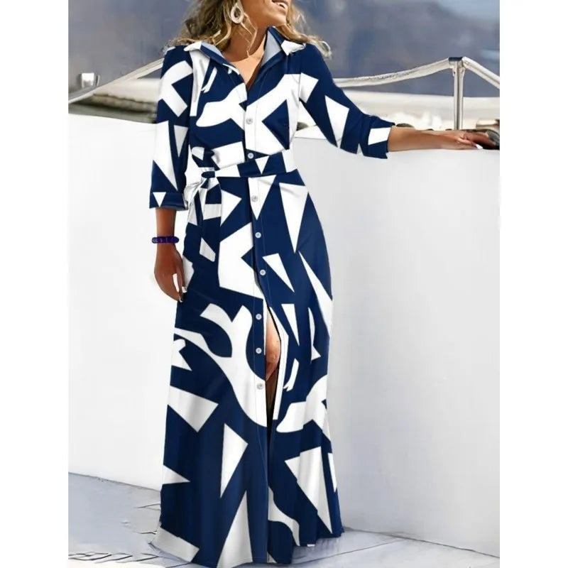 Lace-Up Turn Down Collar Maxi Dress