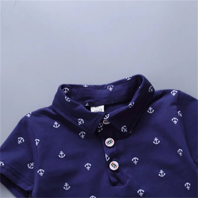 2PCS Baby Summer Set – Boys' Boat & Anchor Print Short Sleeve & Shorts
