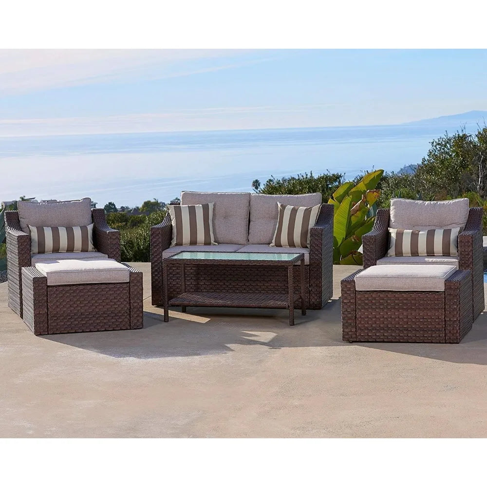 Wicker Lounge Chairs, Ottoman, Loveseat, and Glass Coffee Table