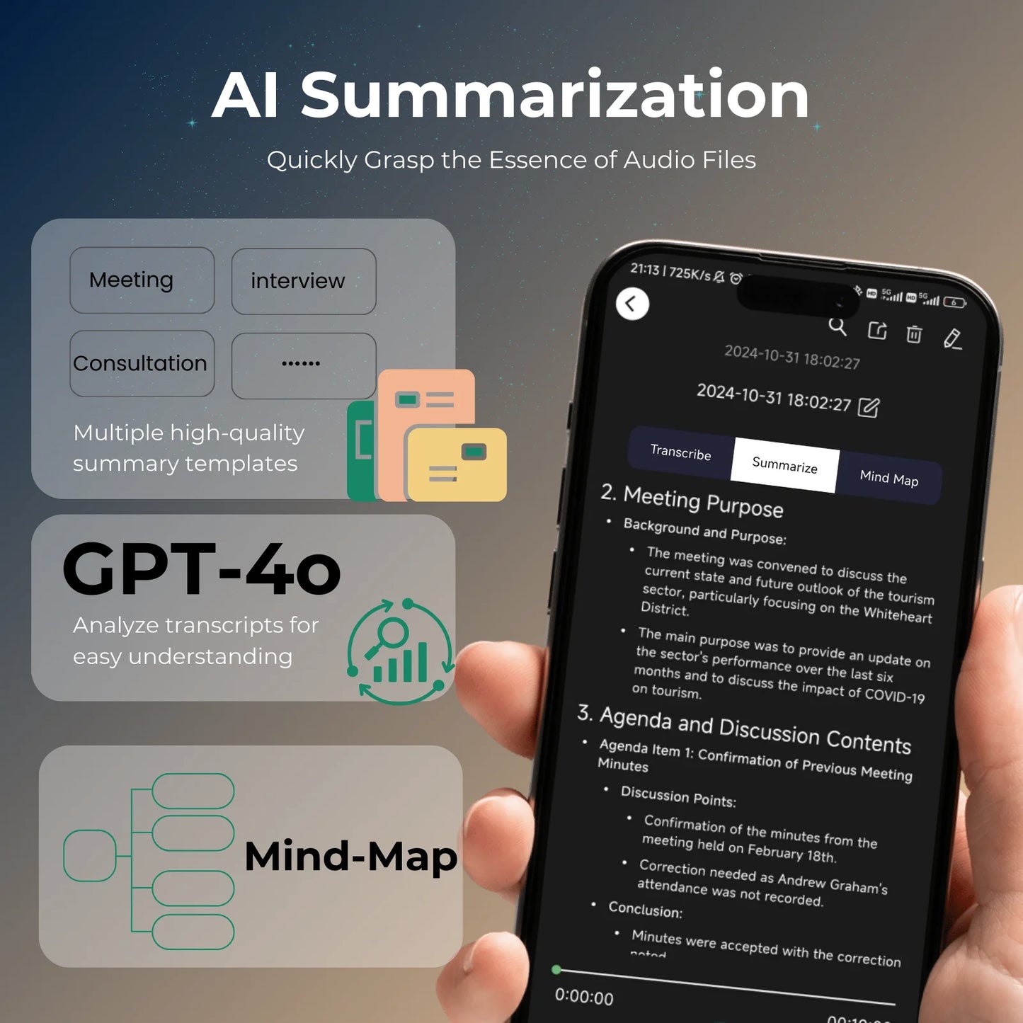 AI Voice Recorder – 64GB Dictaphone with Transcription & Translation