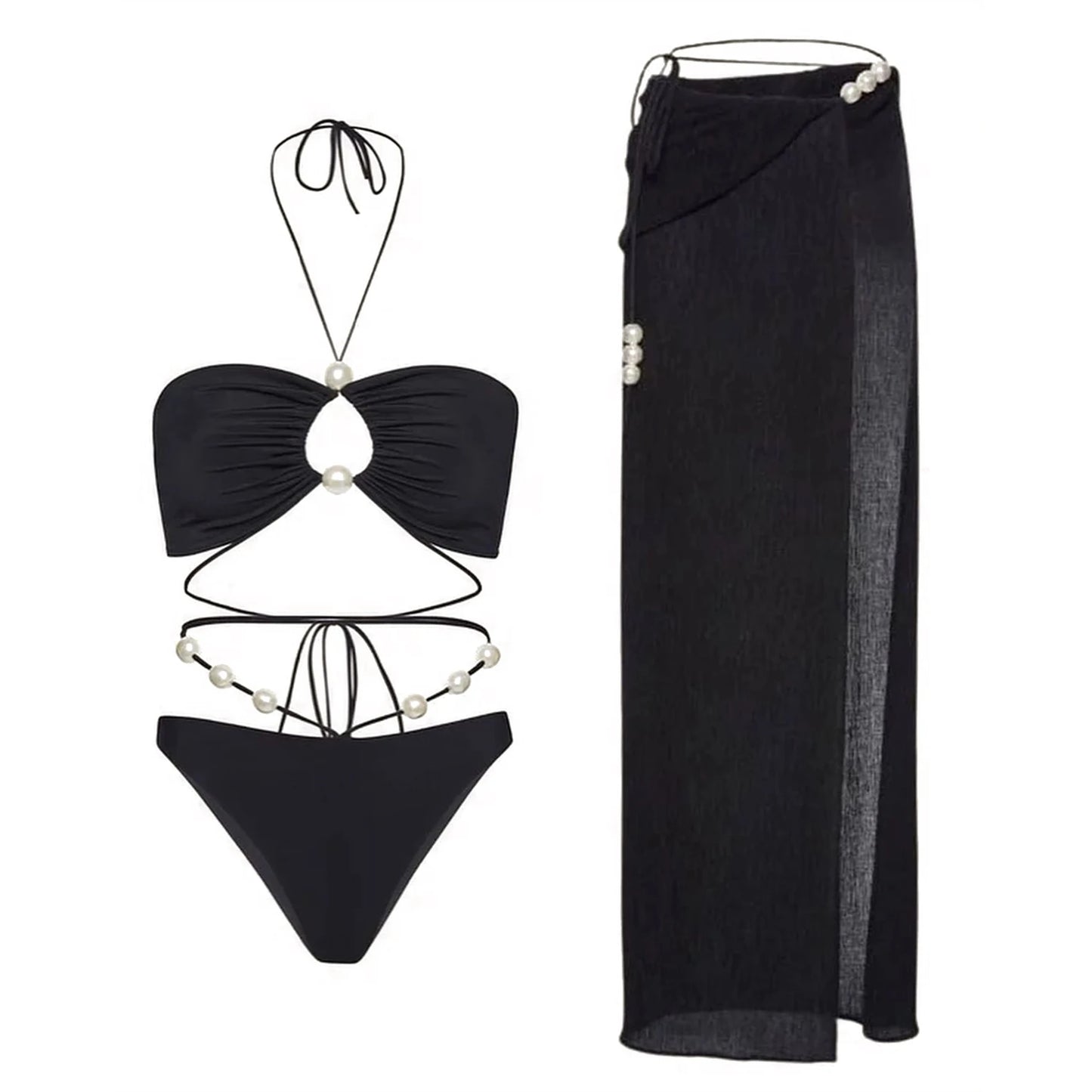 3Pcs White Pearl Bikini Set with Cover-Up