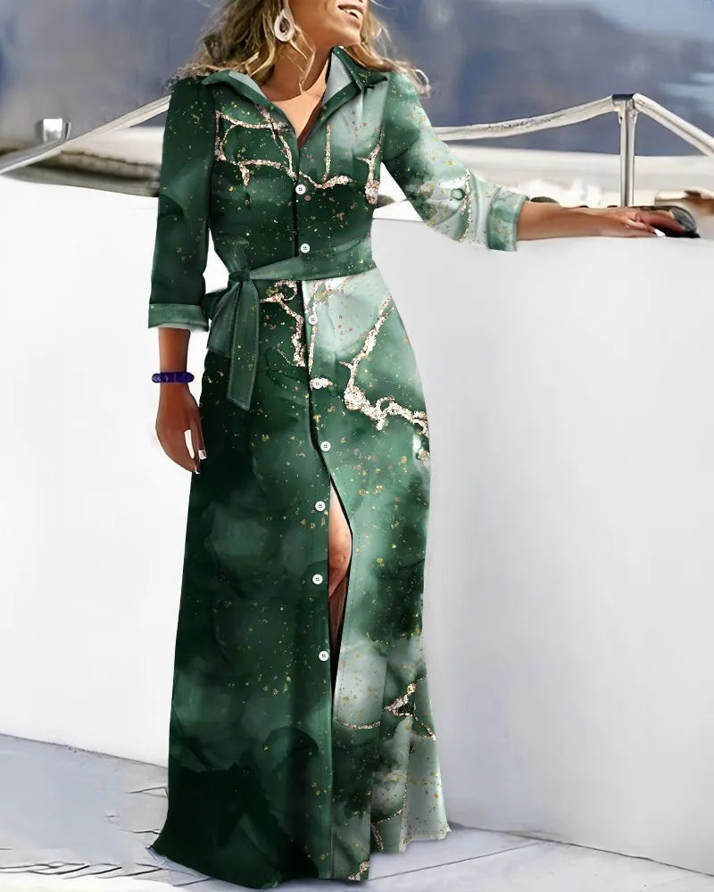 Lace-Up Turn Down Collar Maxi Dress