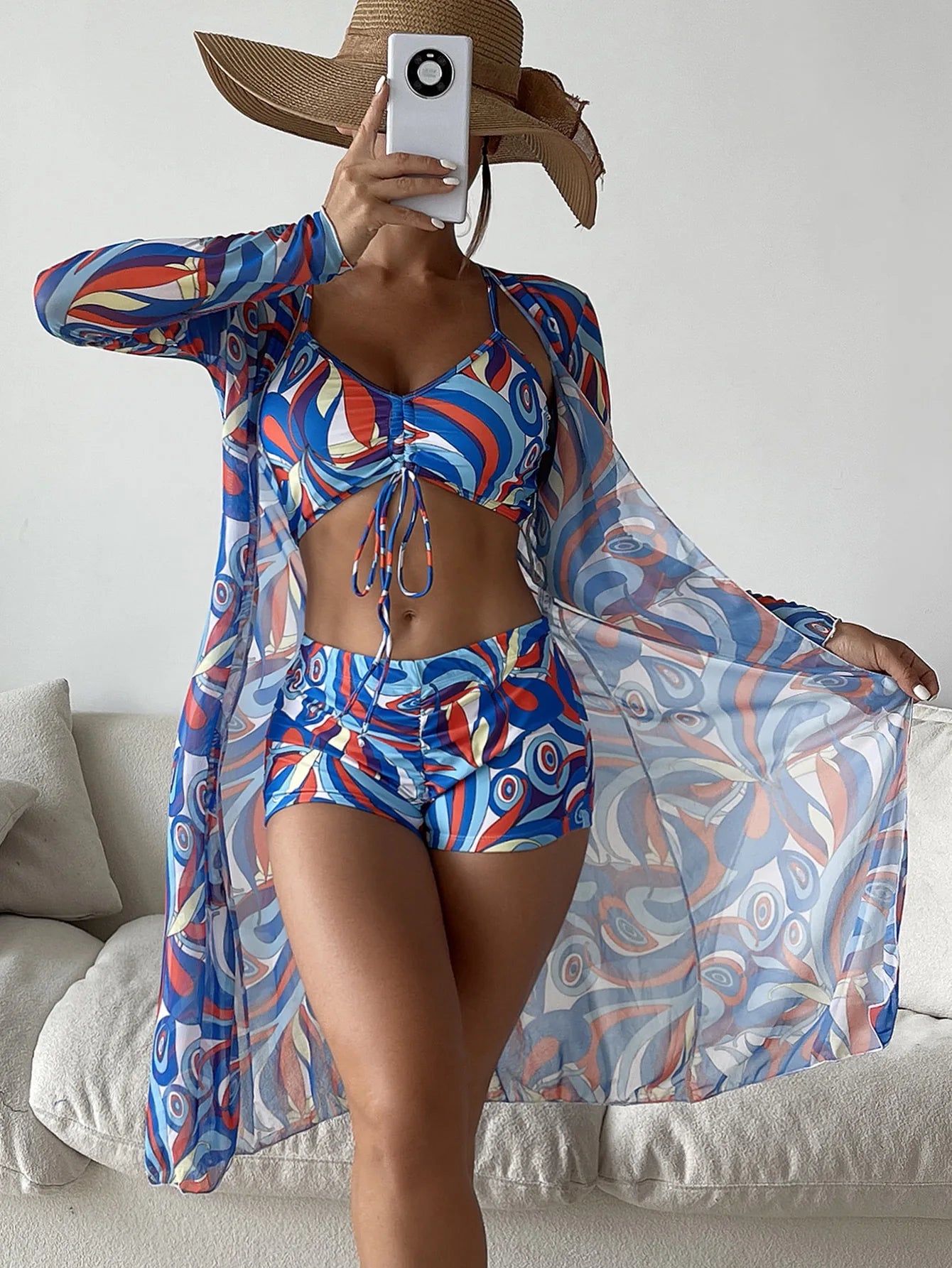 3 Piece High Waist Bikini Set with Cover Up for Women Beachwear
