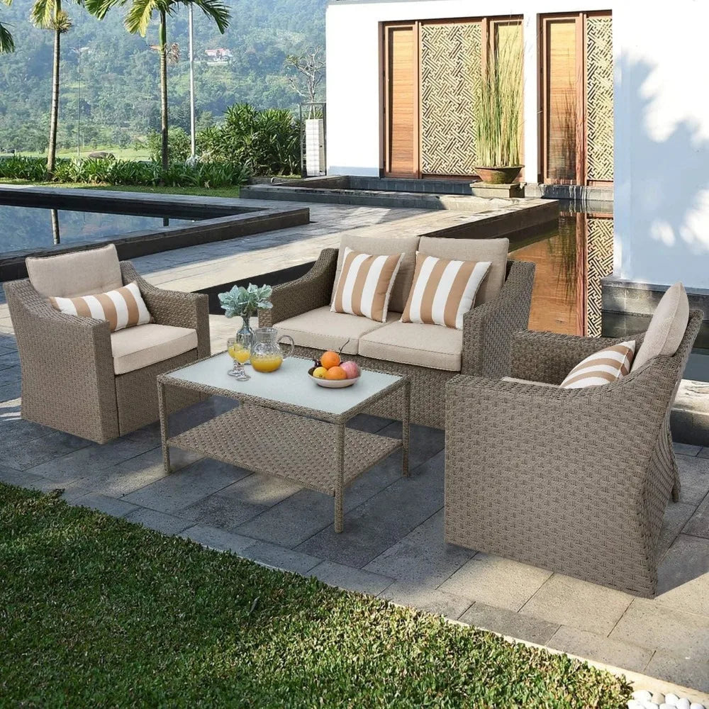 Wicker Lounge Chairs, Ottoman, Loveseat, and Glass Coffee Table