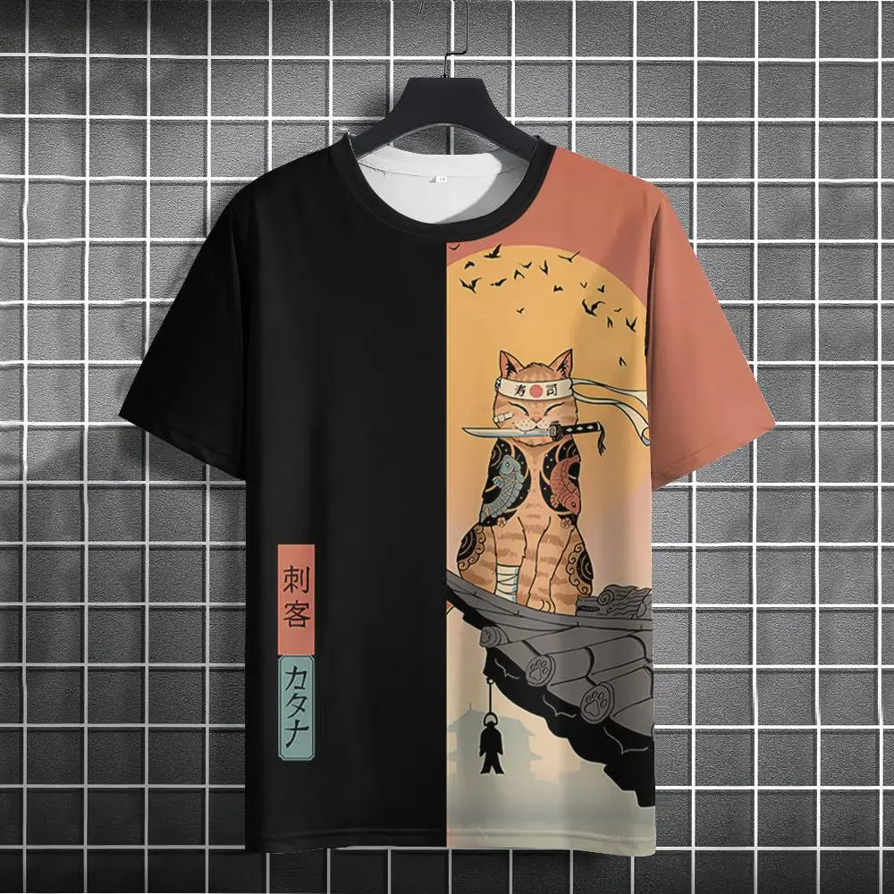 Unisex Japanese Samurai Cat 3D Printed T-shirt