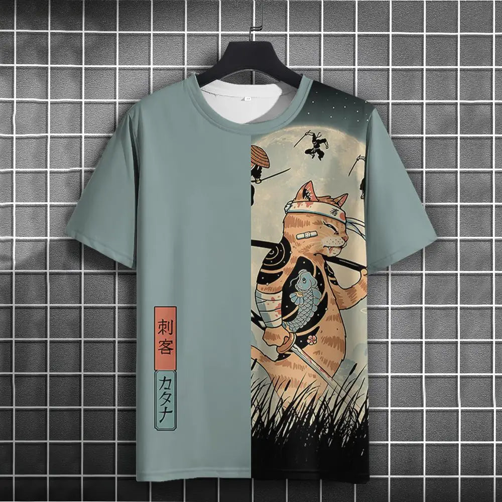 Unisex Japanese Samurai Cat 3D Printed T-shirt