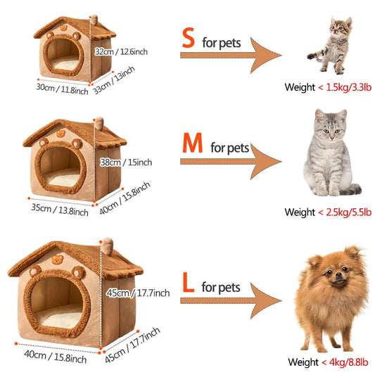 Foldable Cat and Dog Bed House with Washable Cushion for Small Pets