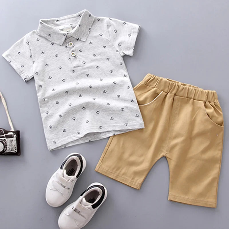 2PCS Baby Summer Set – Boys' Boat & Anchor Print Short Sleeve & Shorts