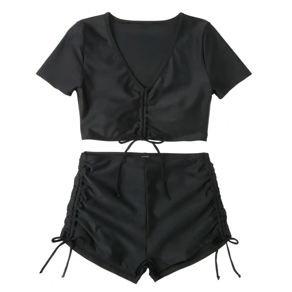 Women’s V-Neck Bikini Set with High Waist Drawstring Swim Shorts