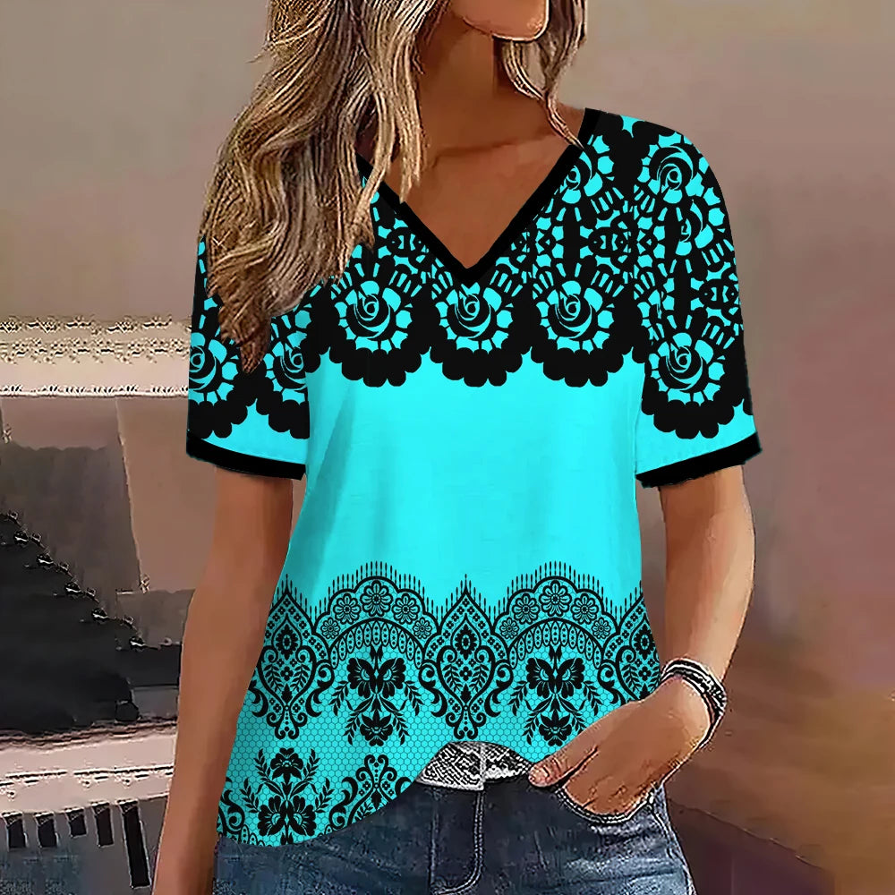 Women's Striped Gradient V-Neck Oversized T-Shirt