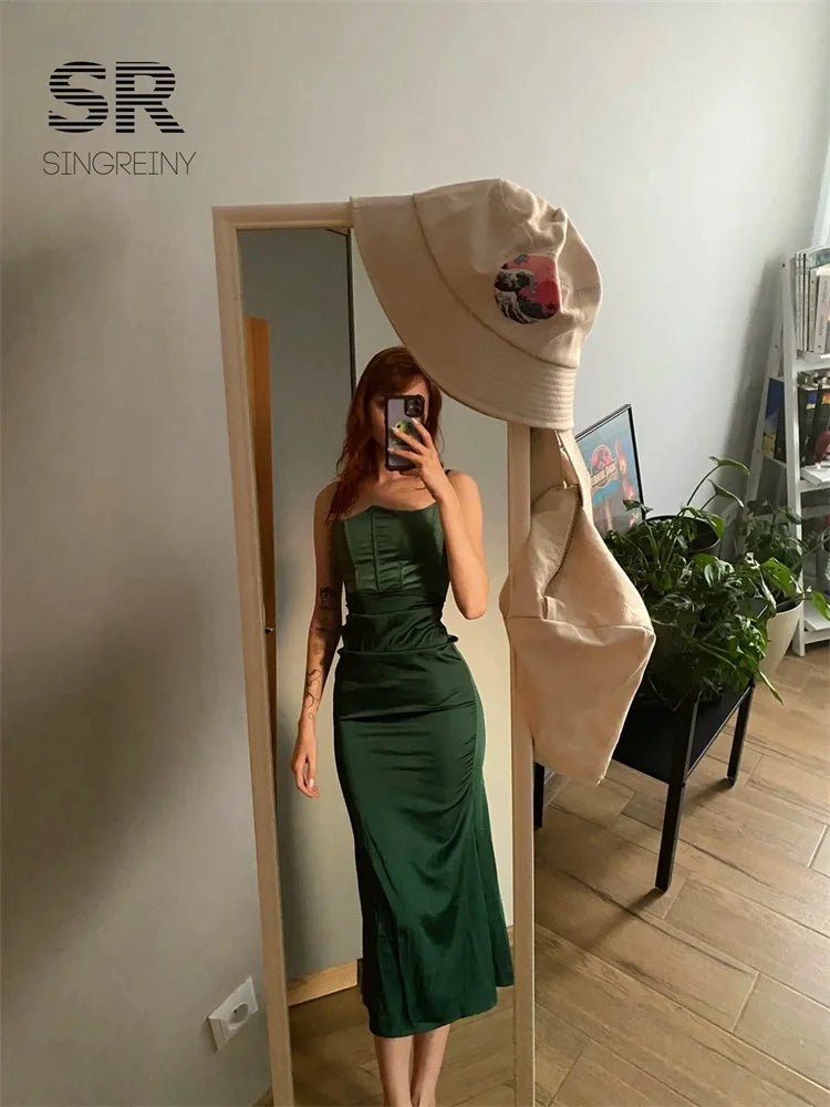 Elegant Satin Spaghetti Strap Backless Bodycon Dress